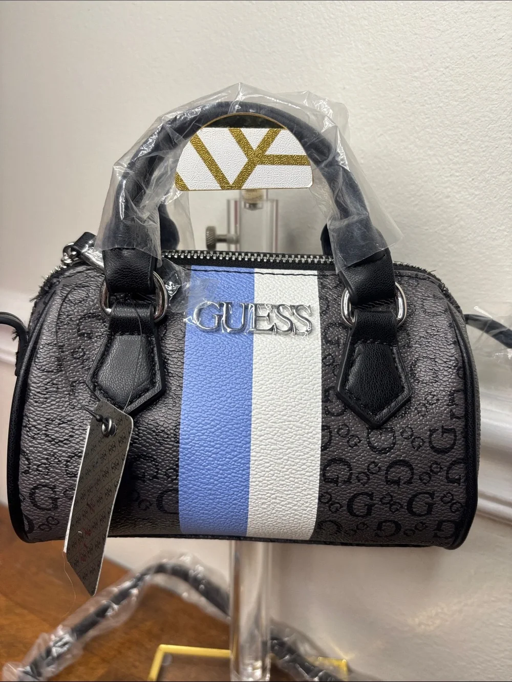 Guess Black Mini Satchel with Blue and White Center Stripe and crossbody strap - Picture 2 of 16